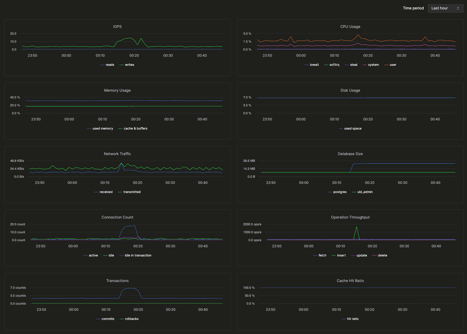 لوحة معلومات المراقبة تعرض IOPS، وCPU usage، والذاكرة، والقرص، والبايتات المستلَمة والمرسَلة، وعدد البايتات لكل قاعدة بيانات، والاتصالات، ومعدل النقل، وعملية commit وrollback، والنسبة المئوية لعمليات قراءة block التي تُخدَّم من buffer cache بدلًا من القرص، وdeadlock
