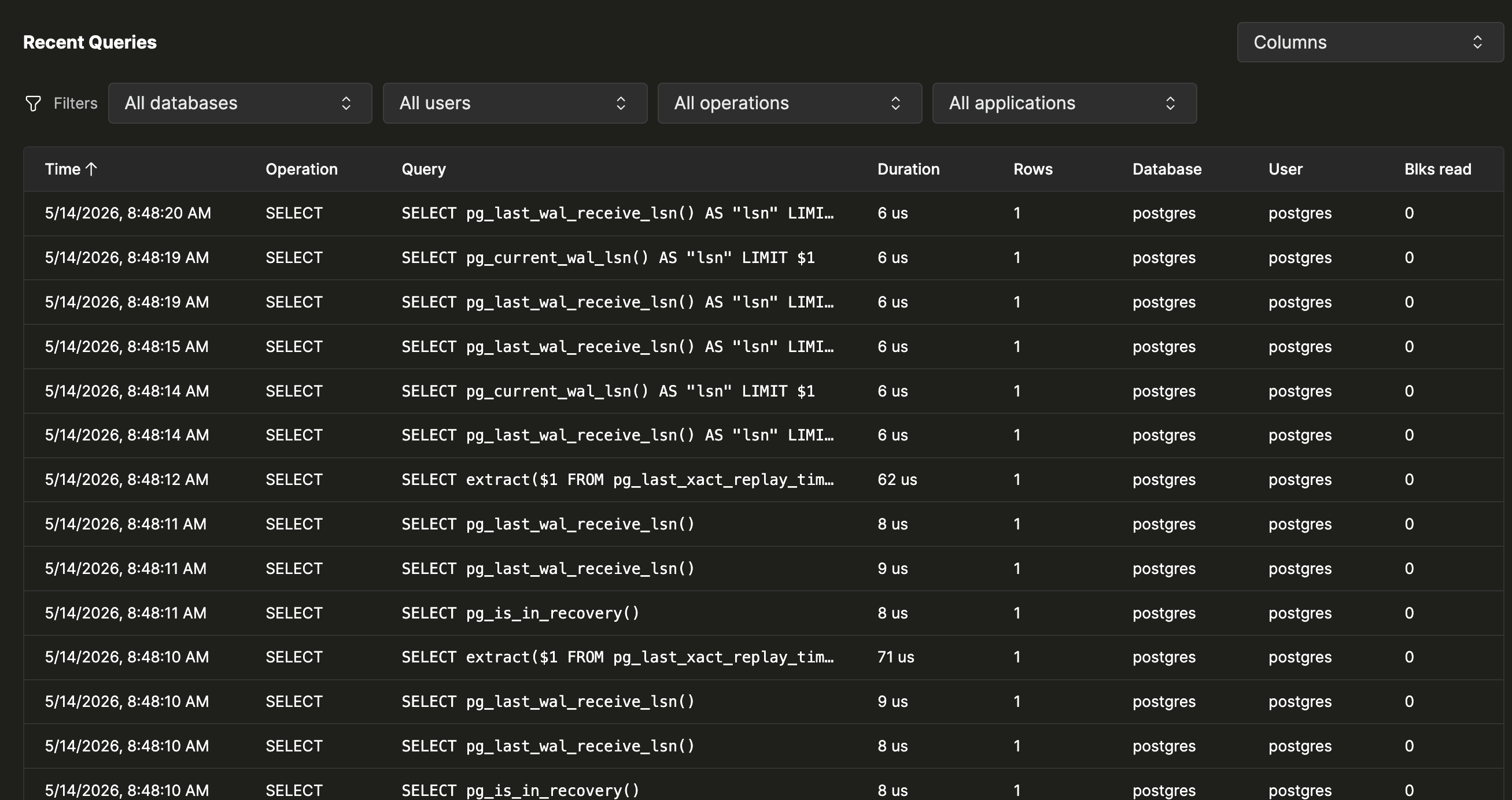 Database, User, Operation, Application 필터 드롭다운과 Time, Operation, Query, Duration, Rows, Database, User, Blks read 컬럼이 있는 최근 쿼리 테이블