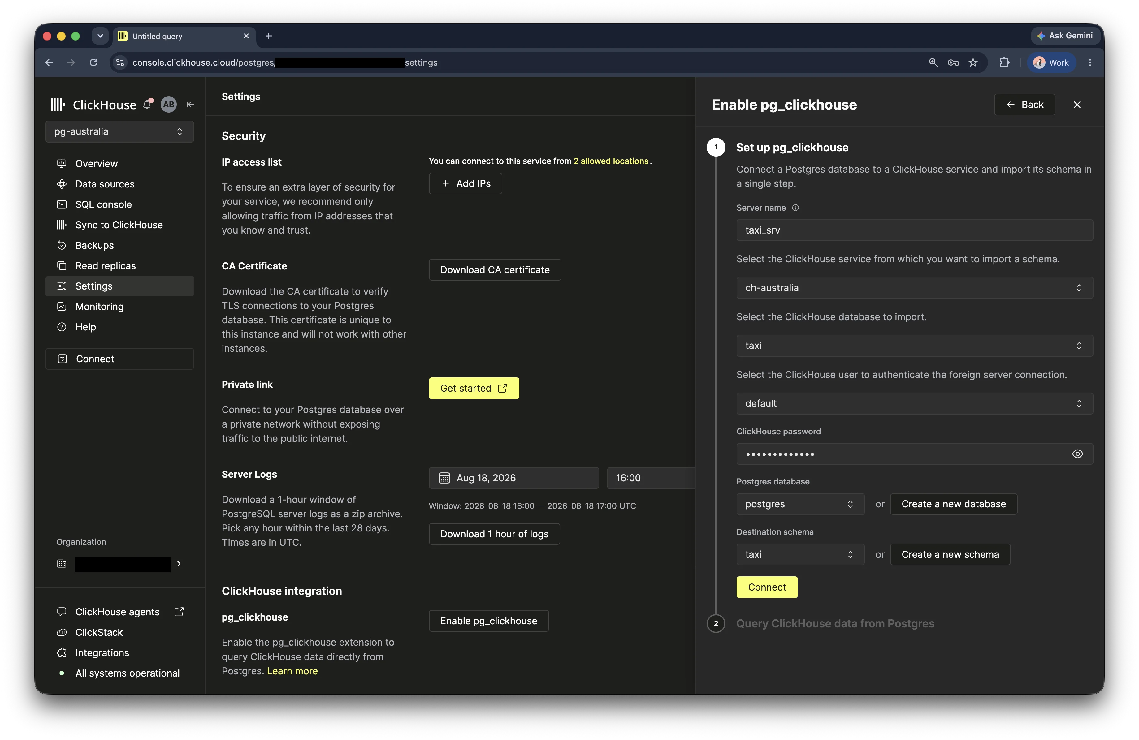 ClickHouse Cloud 콘솔의 taxi 데이터베이스용 pg_clickhouse 설정 양식