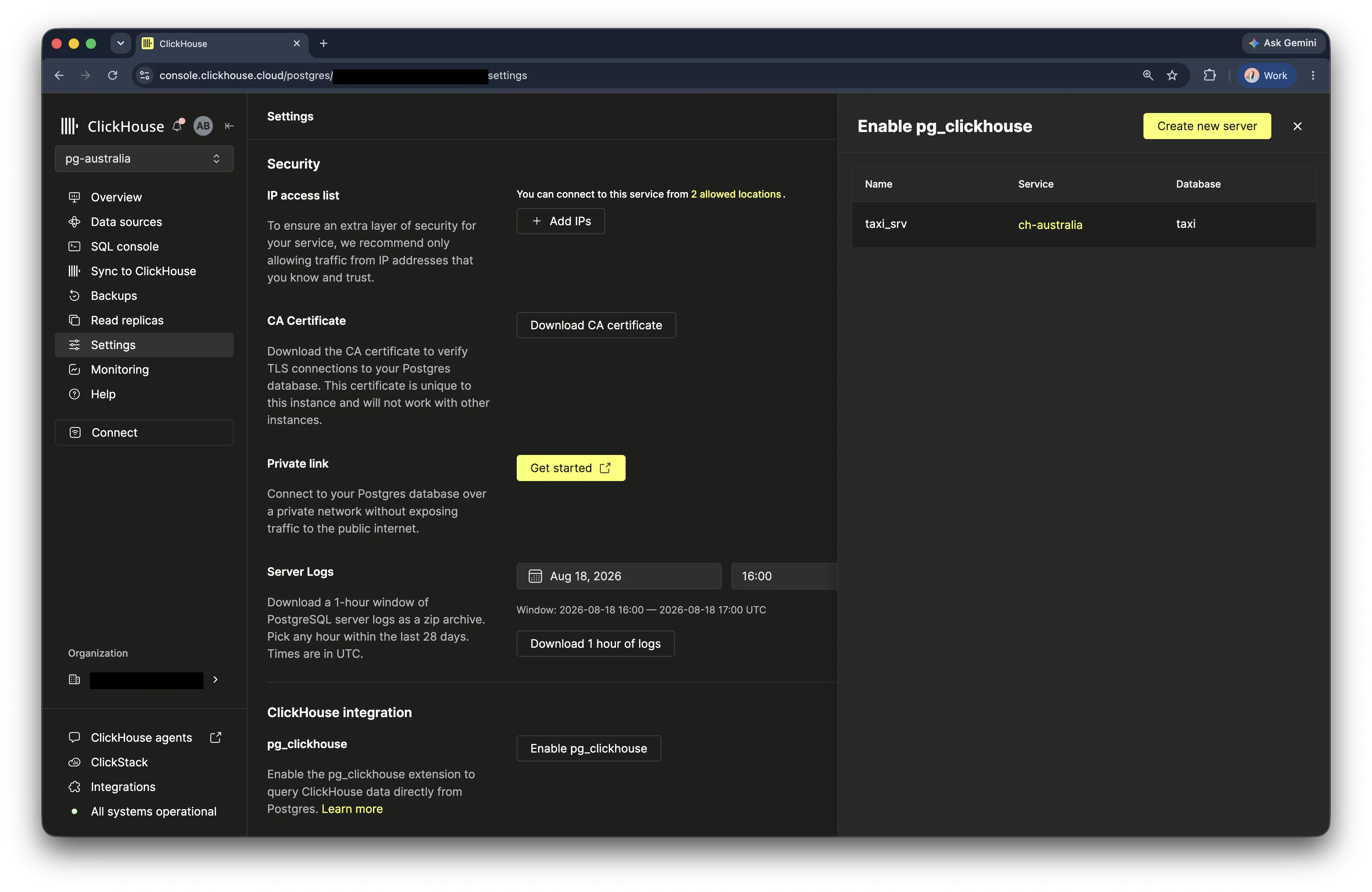 taxi pg_clickhouse 연결을 보여주는 외부 서버 목록