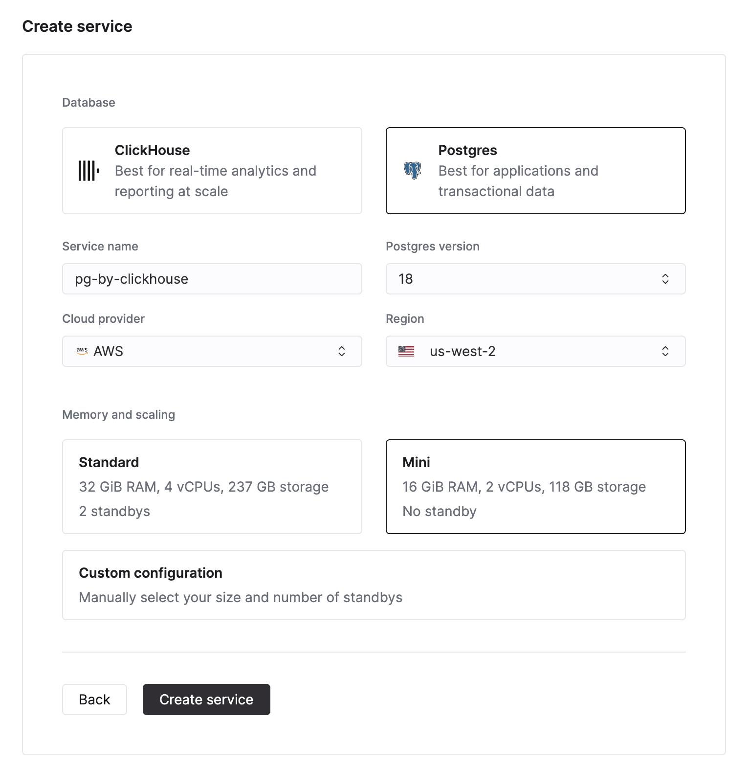 ClickHouse Managed Postgres 인스턴스 생성