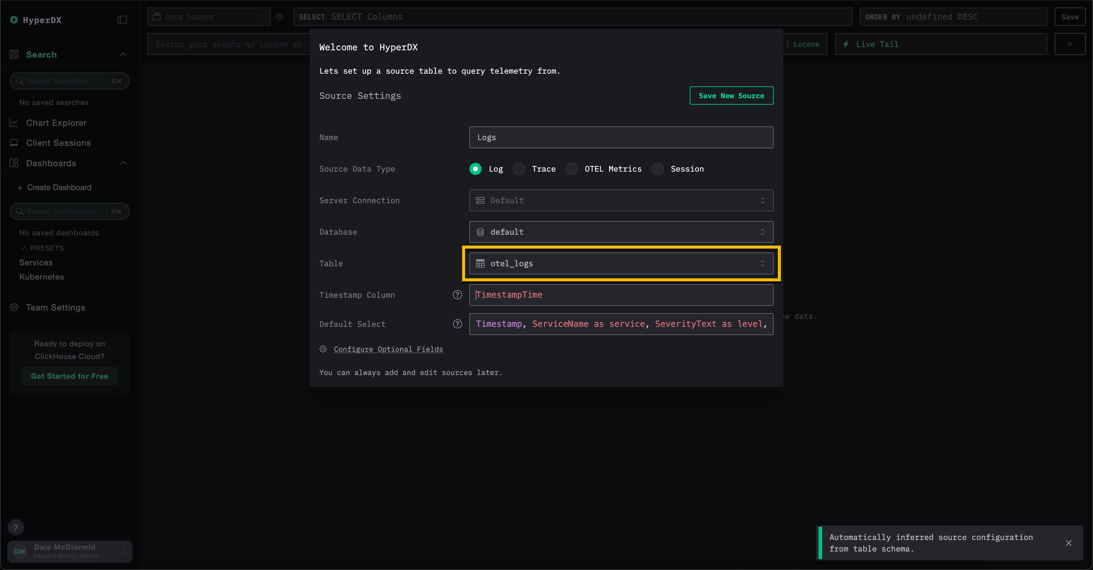 مصدر بيانات HyperDX في ClickHouse Cloud